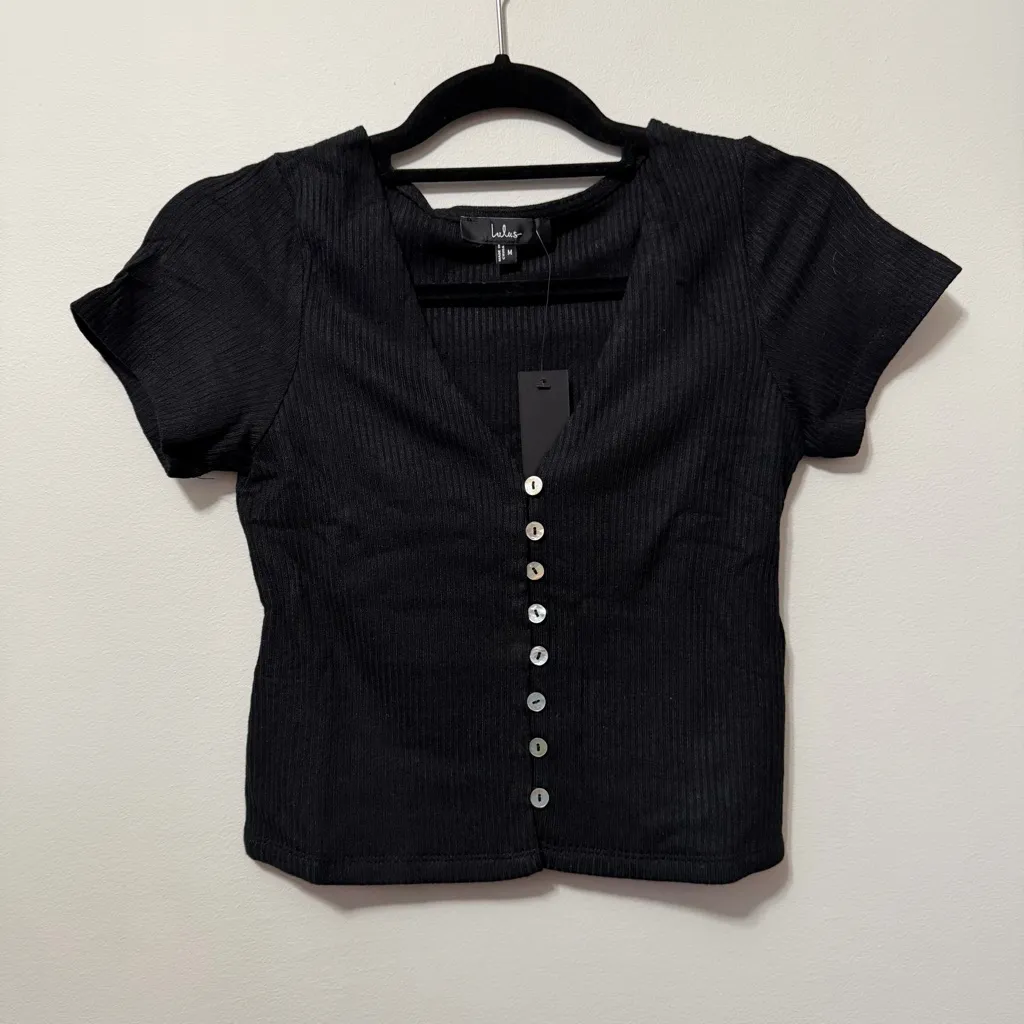 Lulus My Everyday Best Black Ribbed Short Sleeve Button-Front Top Size M NWT - Image 6