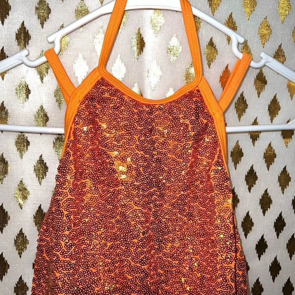 Revolution Rave festival dance disco dress with shorts underneath orange sequin - Image 3