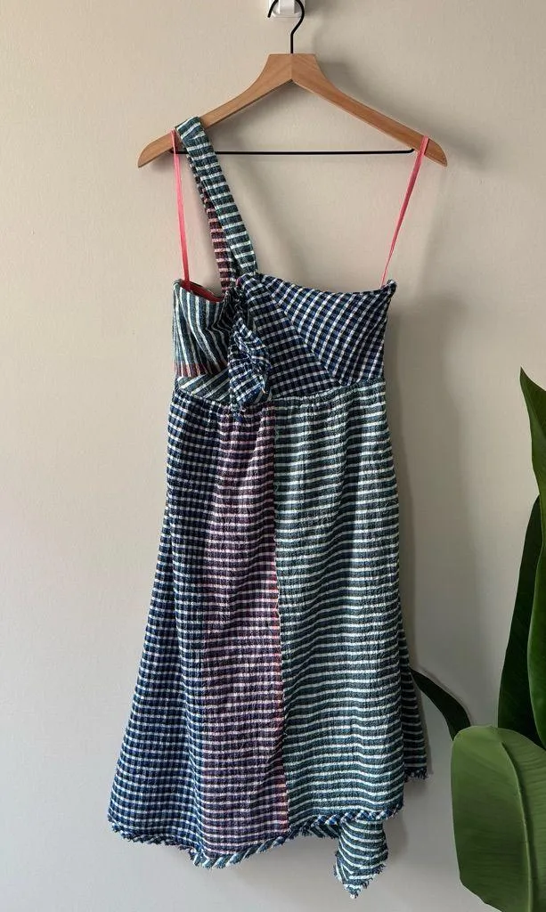 Anthropologie Maeve Waverly Dress One-Shoulder Checkered gingham midi asymmetric - Image 3