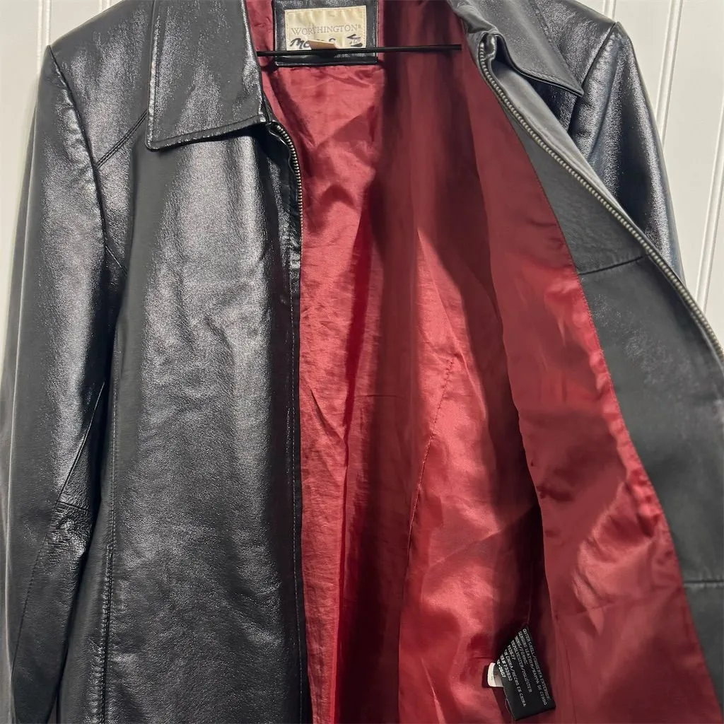 VTG Worthington L Genuine Nappa Leather Jacket Black Car Coat Burgundy Lining - Image 3