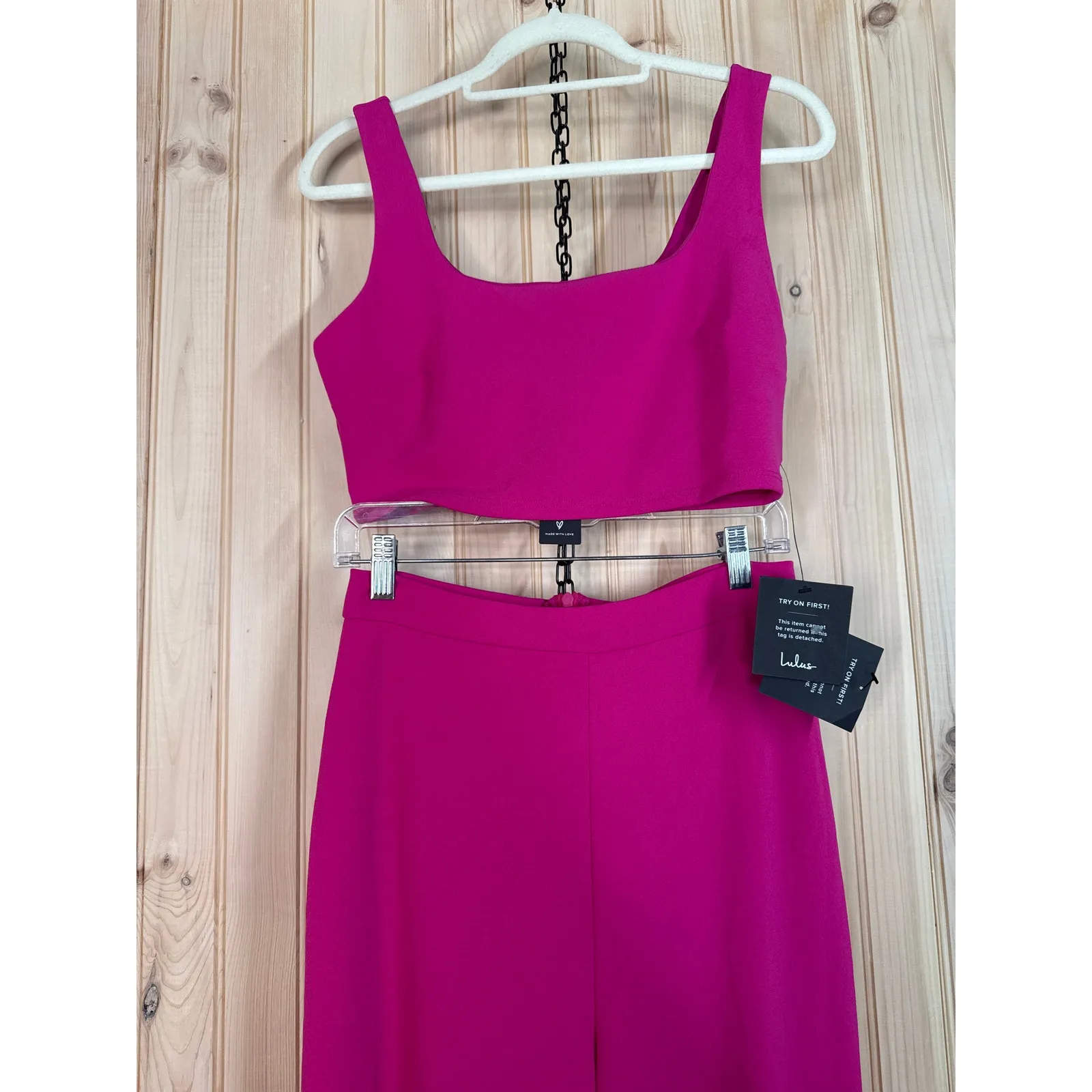 NWT Lulus Only Tonight Hot Pink Two-Piece Wide-Leg Jumpsuit 2PC Party Barbie L - Image 4