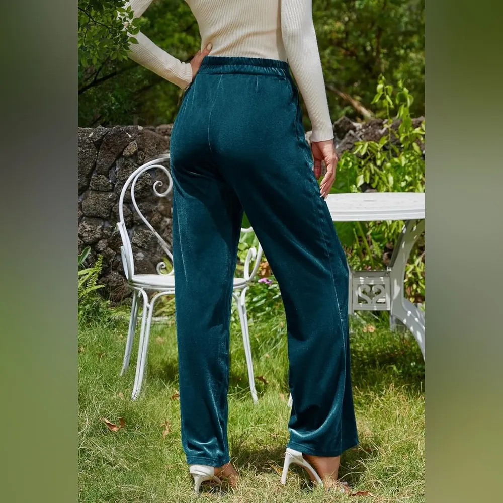 NEW Velvet Wide Leg Stretchy High Waisted Velour Palazzo Pants L - Image 2