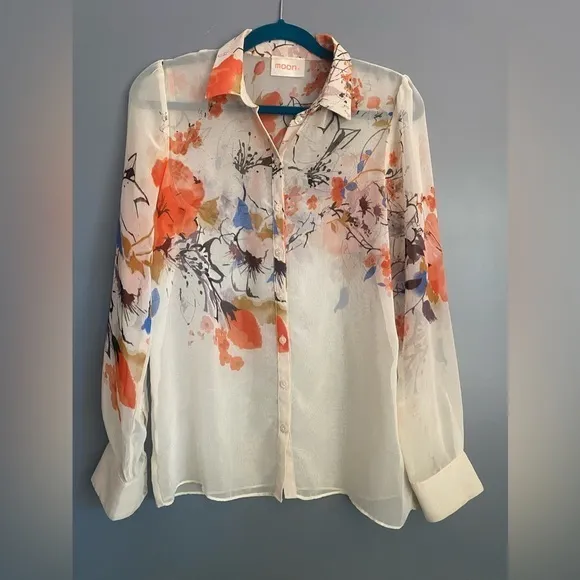 Moon Ladies Sheer Floral Dressy Blouse Off White Size‎ XS/S SEE MEASUREMENTS - Image 2