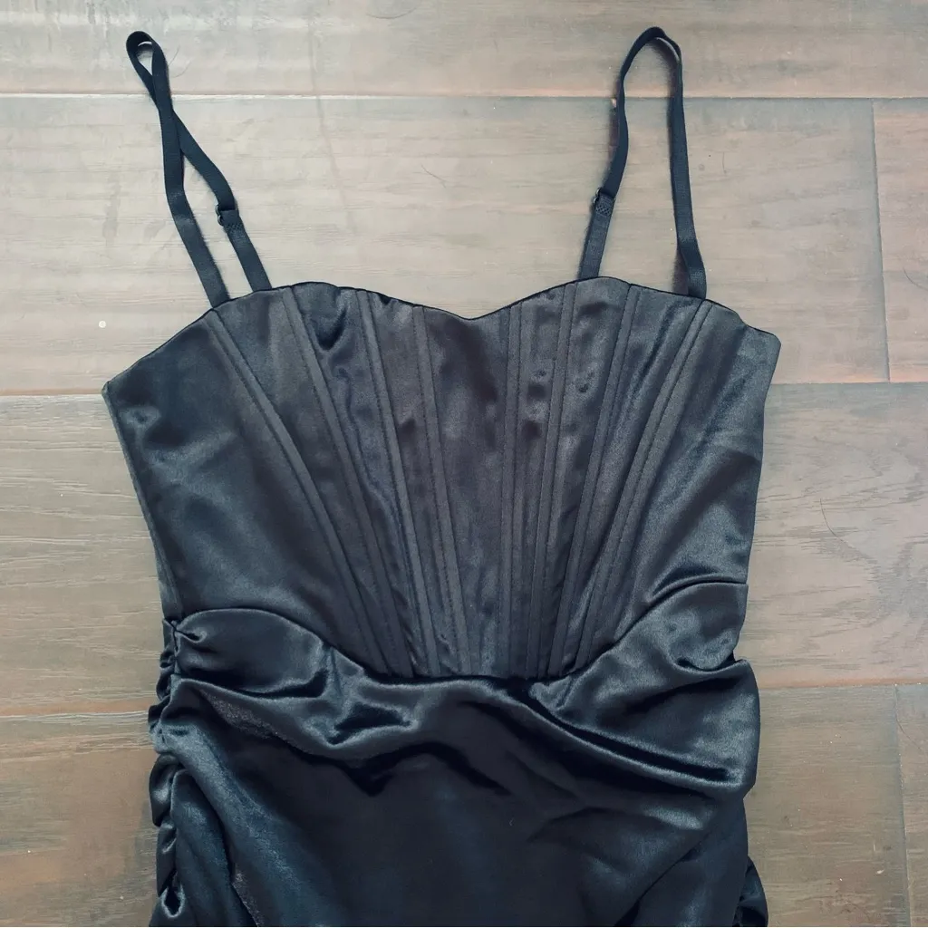 NWT LINJOU Black Satin/Silk Sweetheart Corset Ruched Wrap Bodycon Dress | M Size M - Image 2
