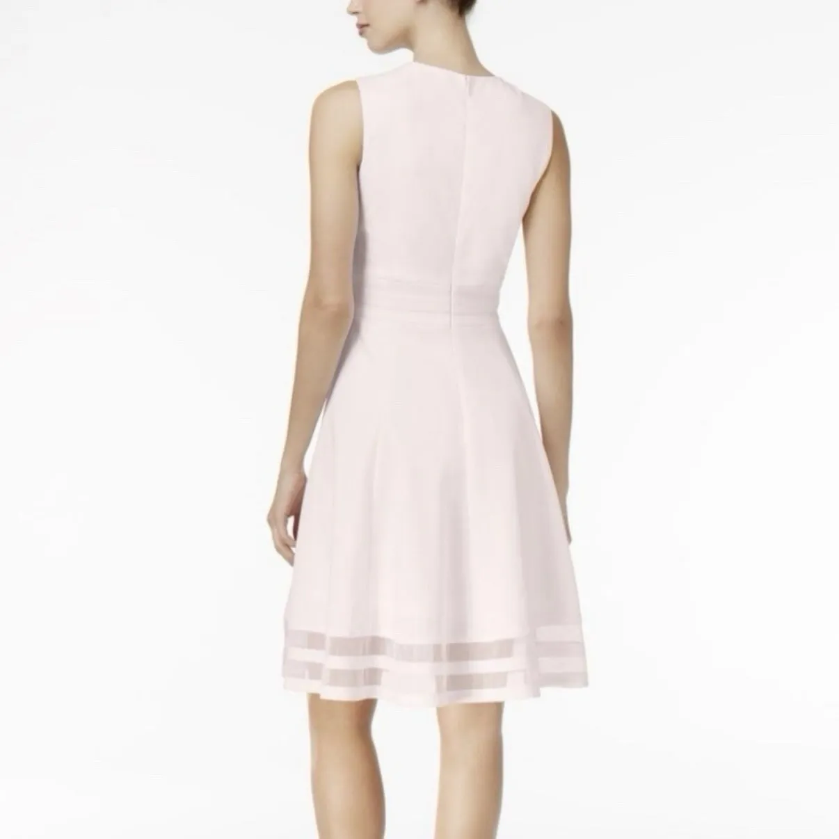 Calvin Klein Blush Pink Mesh Illusion‎ Hem Fit Flare Stretch Sleeveless Dress 14 - Image 2