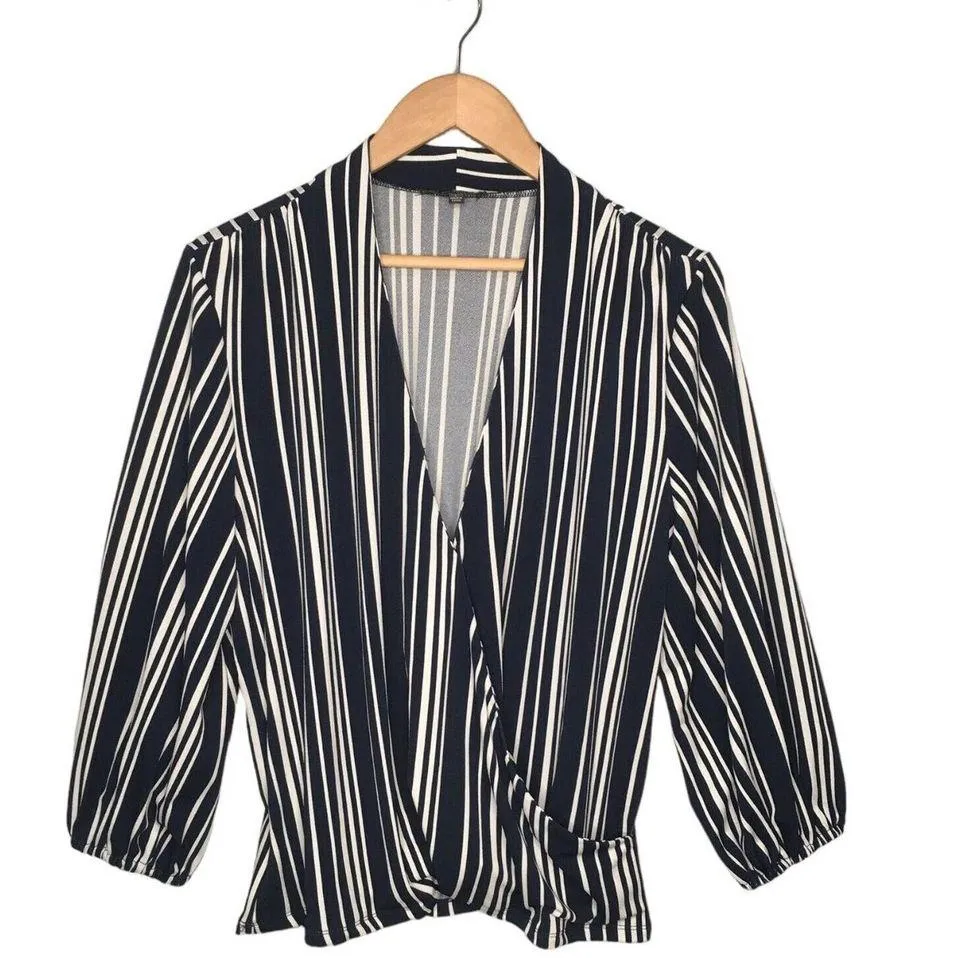 Adrianna Papell Faux Wrap Striped V Neck Career Blouse Blue L - Image 2