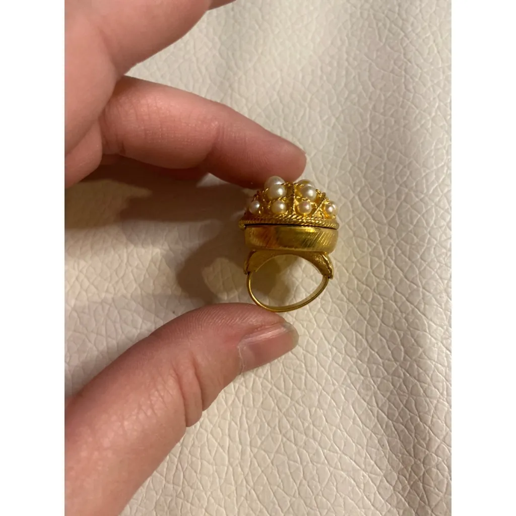 Vintage Gold Egg Ring Locket Faux Pearls Size 7.5 Statement - Image 4