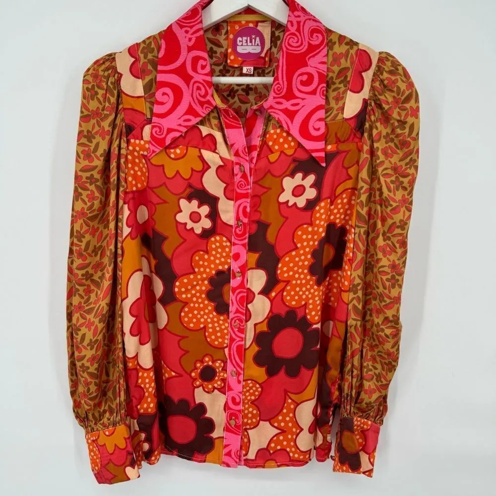 CeliaB Satin Floral Long Sleeve Blouse XS Boho‎ Statement Top Brown - Image 2