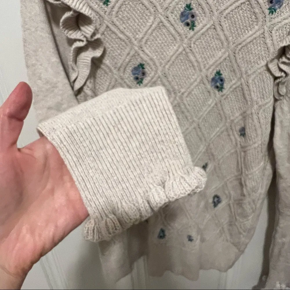 Charter Club Cream Oatmeal Vintage Floral Embroidery Ruffle Cotton Blend Sweater - Image 6