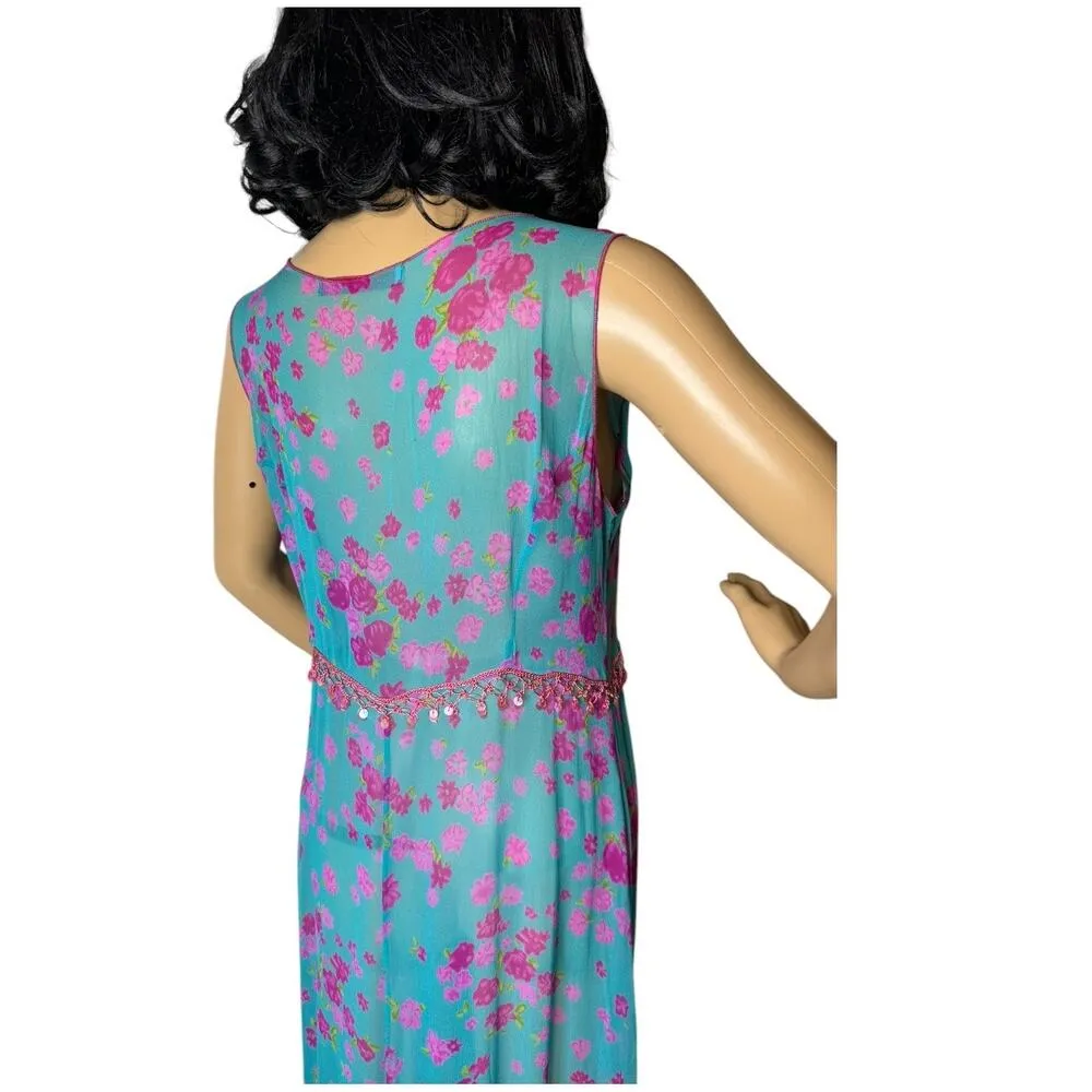 Johnny Was Boho Chic Sheer Blue pink floral Floral embroidery sequin maxi dress - Image 9