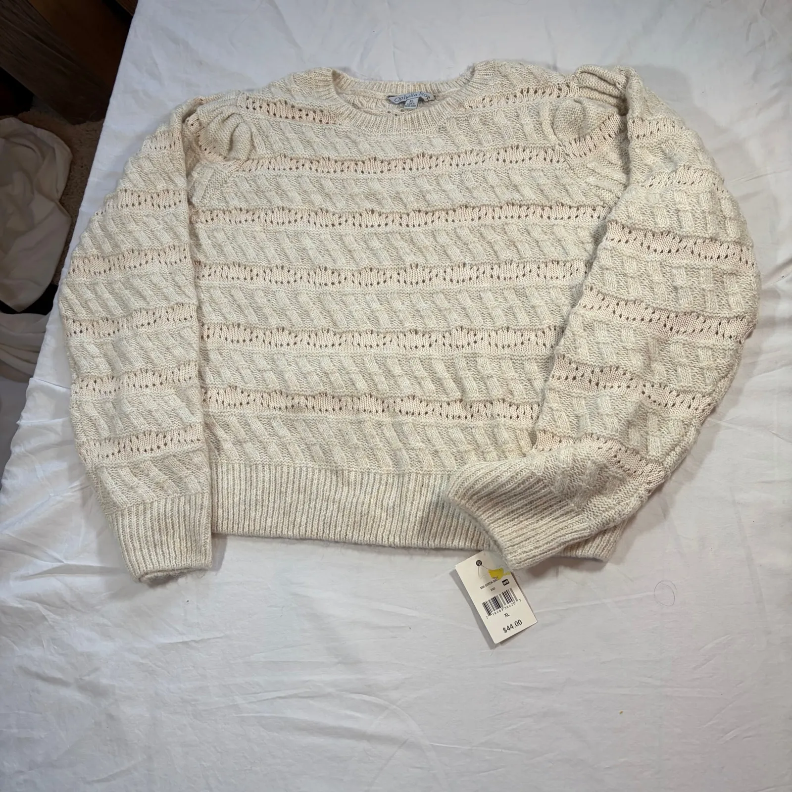 NWT Ophelia Roe women’s cream crew neck puff shoulder pointelle sweater. Size XL - Image 5