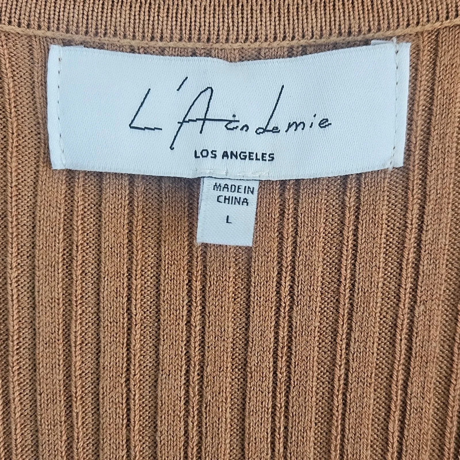 L'Academie Robe Pull‎ Geneva Dress in Camel Size Large Ribbed Midi with Slit NEW - Image 5