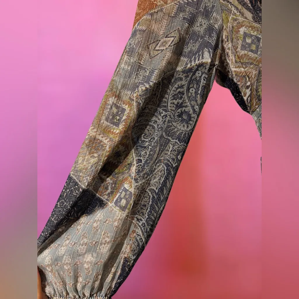 Zara Navy & Orange Paisley Ruffled V-Neck Mini Dress w/ Peasant Sleeves - Small - Image 7