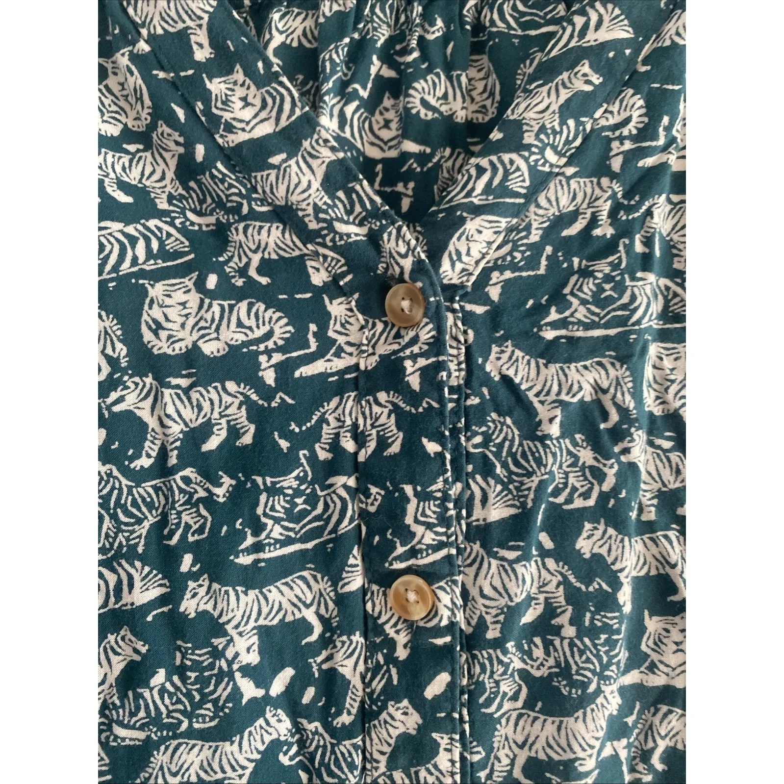 Maeve Womens 10 Blue Teal Tiger Button Down Raw Hem Sleeve - Image 4
