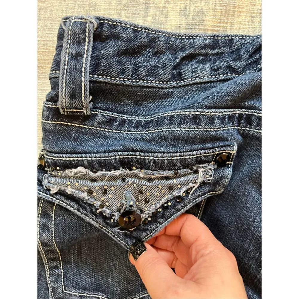 D9 Slick Distressed Rhinestone Studded Embellished Pocket Boot Cut Jeans 29" Blue - Image 6