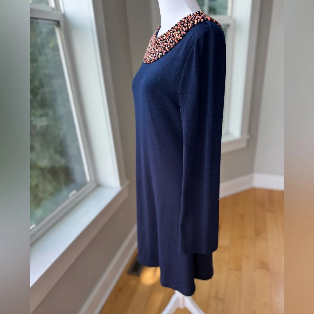 THEME Navy Blue Beaded Collar Flare Long Sleeve Knit A - Image 3