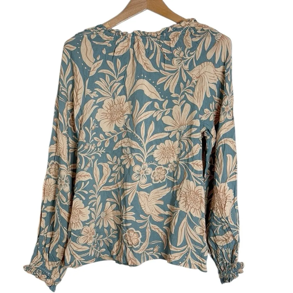 Patrons of Peace Blue Tan Ruffled Floral Print Long Sleeve Blouse size S - Image 2
