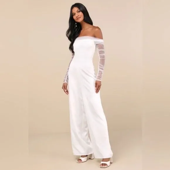 Lulus Eternal Bliss White Tulle Off-The-Shoulder Wide-Leg Jumpsuit Size‎ L - Image 4