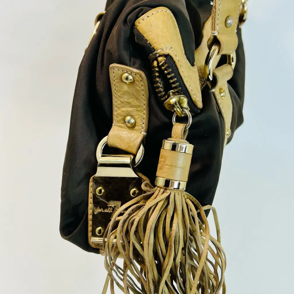 7 For All Mankind Brown Nylon and Leather Foldover Satchel with Fringe Detail - Image 12