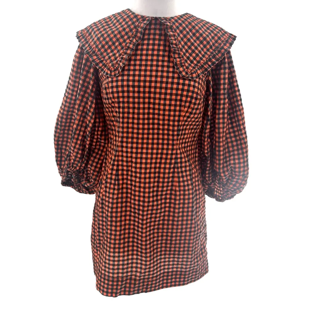 Ganni Iridescent Checked Seersucker Mini Dres Orange black sz 36 - Image 10