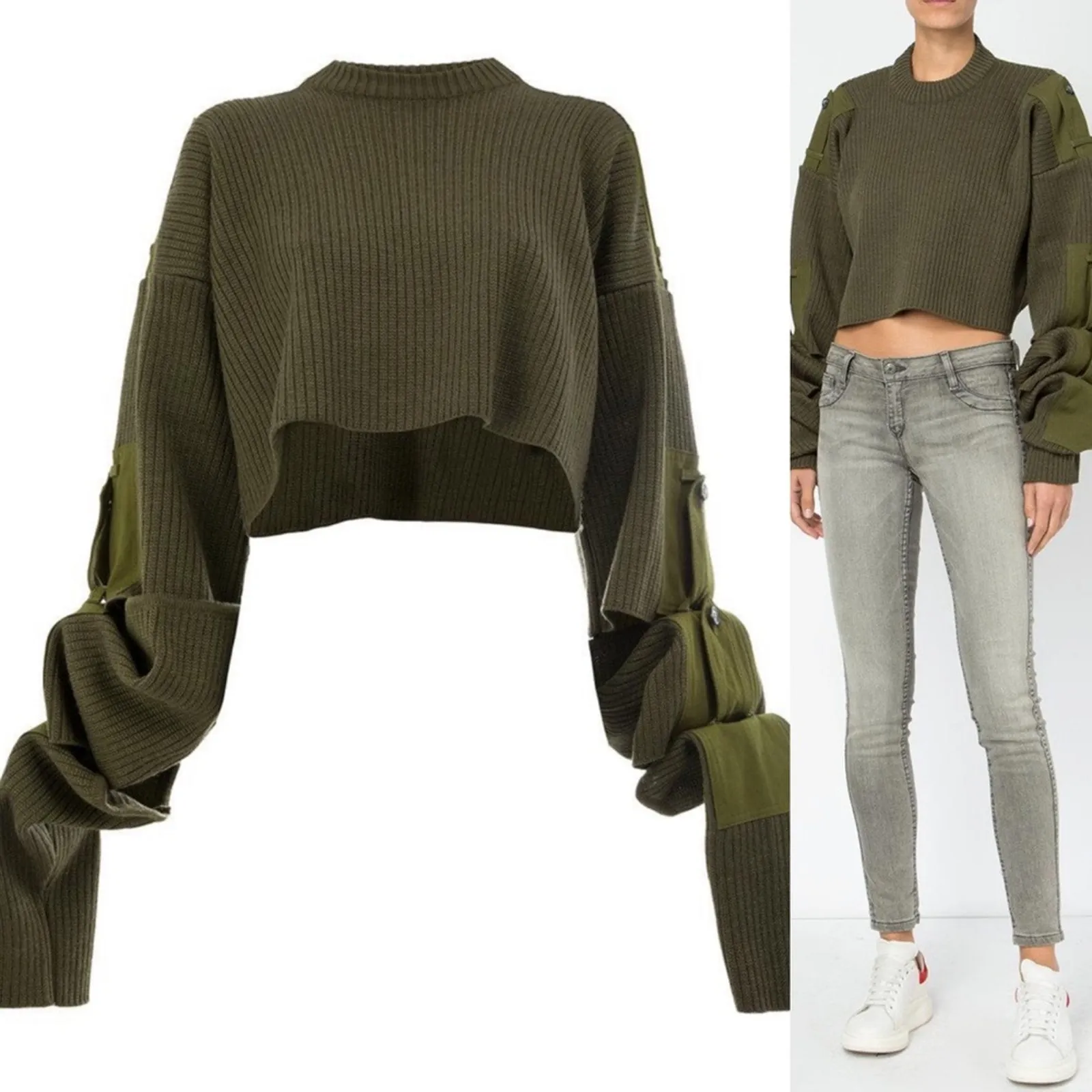 Y/Project Olive Green Cotton Cropped Sweater with Detachable Sleeves Size XS - Image 2