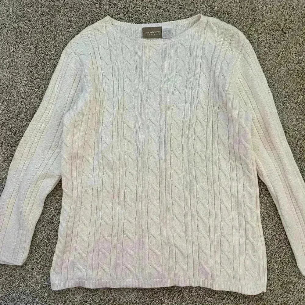 Liz Claiborne off-white crew neck cable knit sweater women's size Medium - Image 2