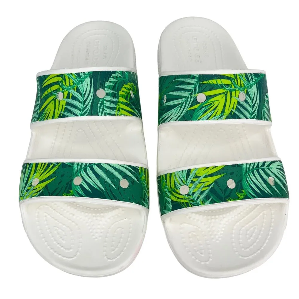 Crocs Classic Tropical Comfort Sandal Green White Leaves Slip On Slides 9 - Image 2