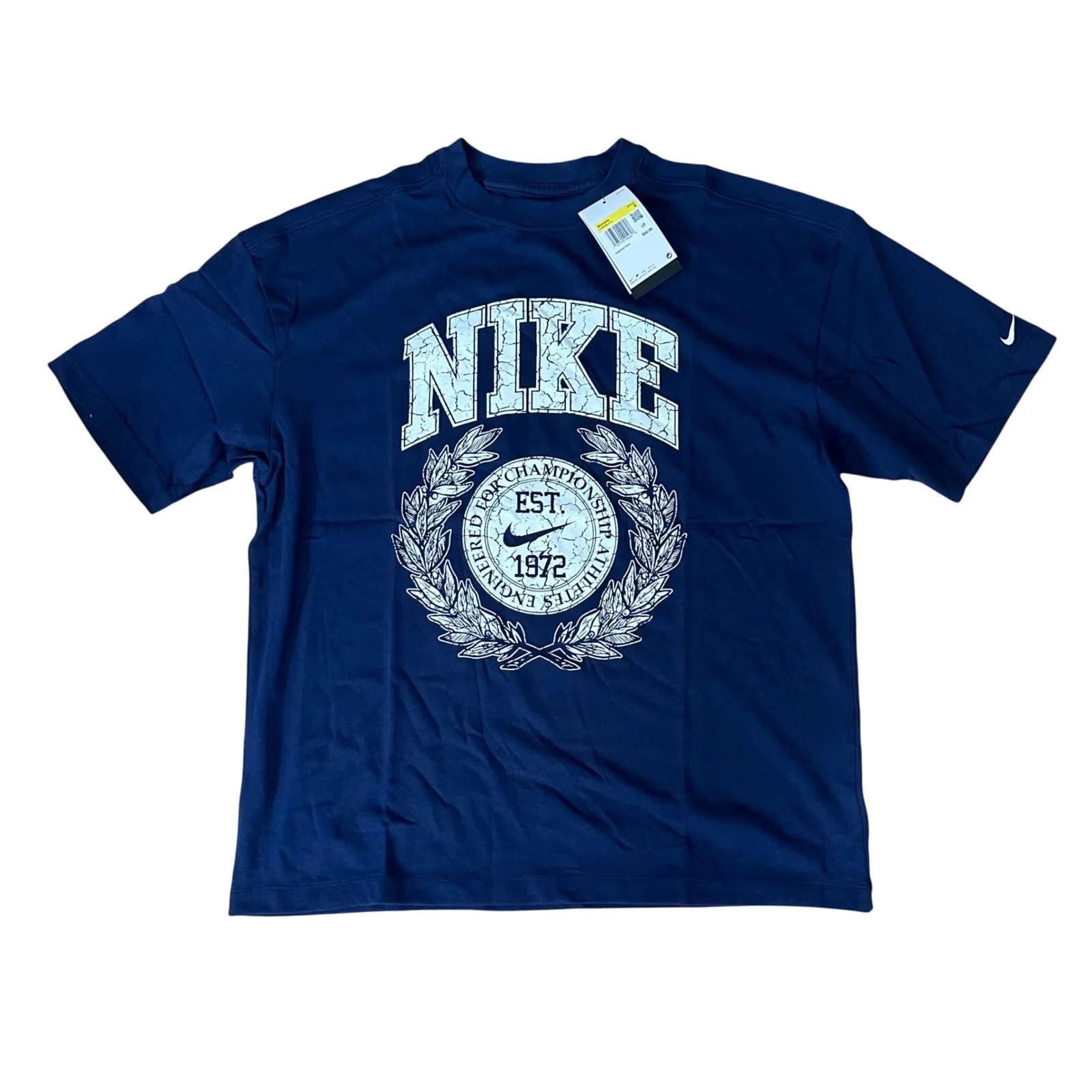 New Nike Womens Small Oversized Fit T Shirt Navy Blue Est‎ 1972 Graphic Print - Image 2