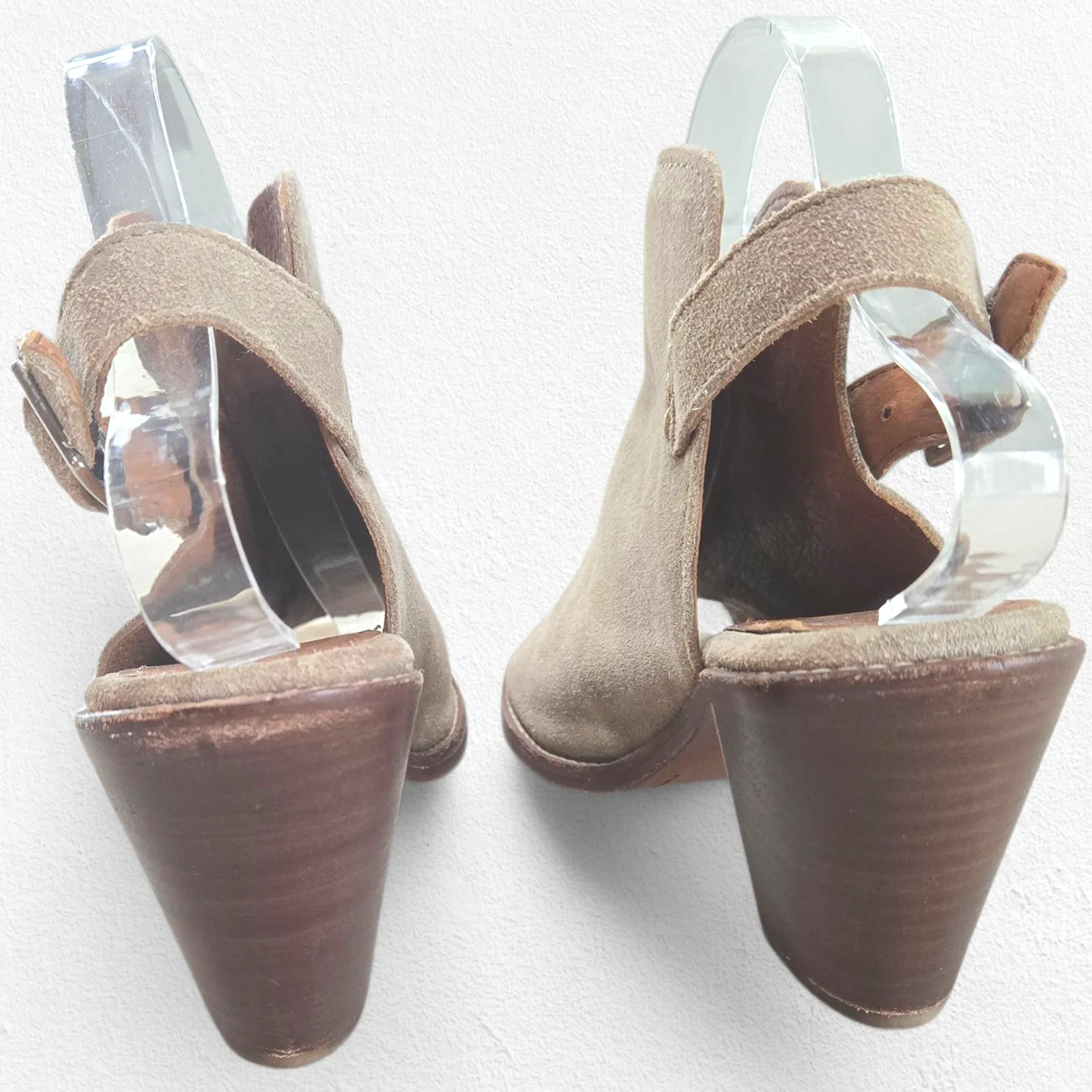 Frye Taupe Suede Peep Toe Slingback Booties Size 8 Block Heel Ankle Strap - Image 10