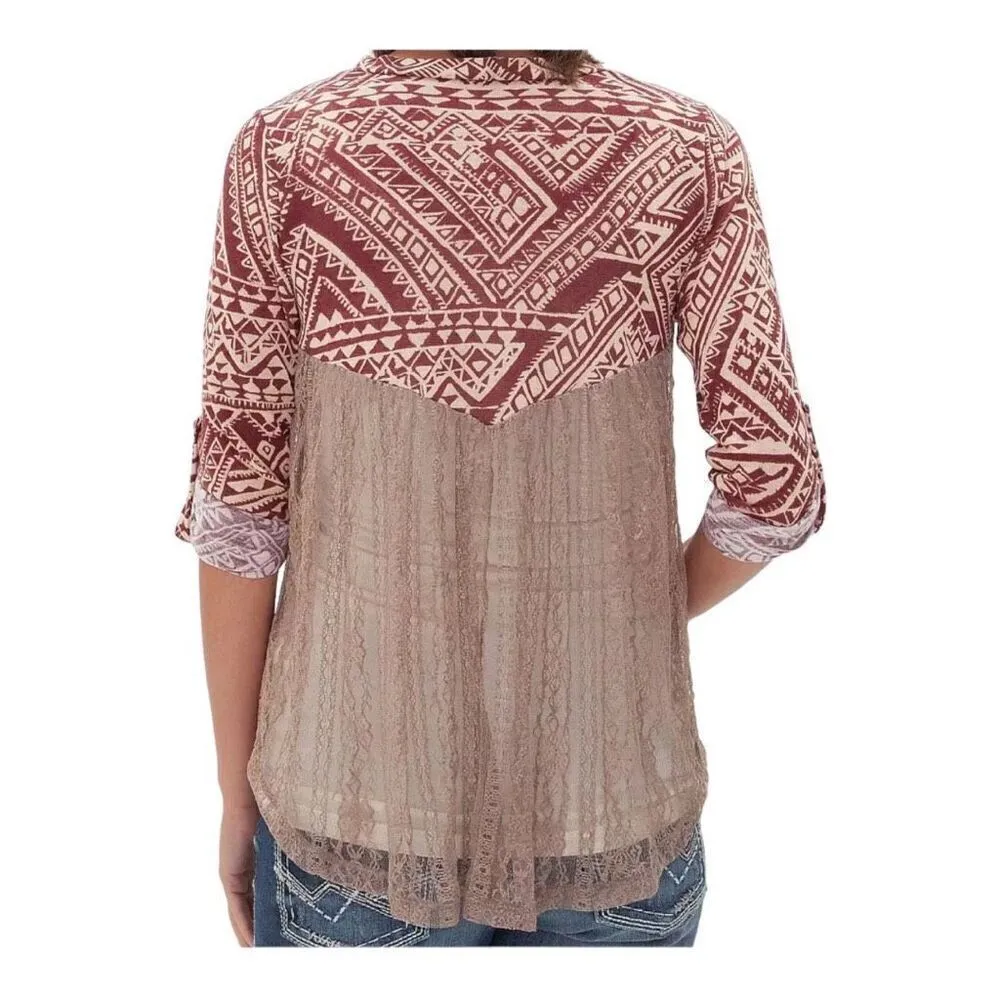 Womens Buckle Daytrip Southwestern Mixed Media Lace Back Top - Sz S - Image 2