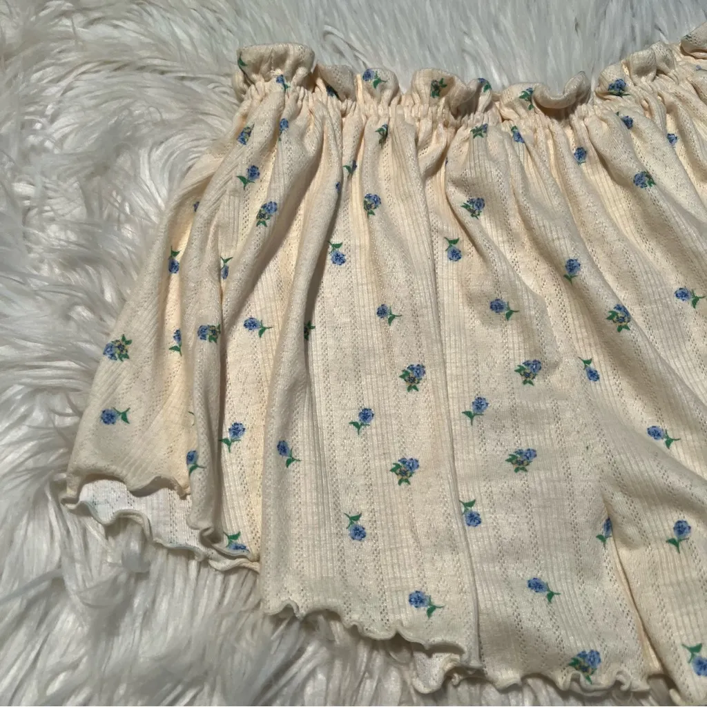For Love & Lemons Pointelle Shorts Butter Yellow Blue Floral M - Image 7