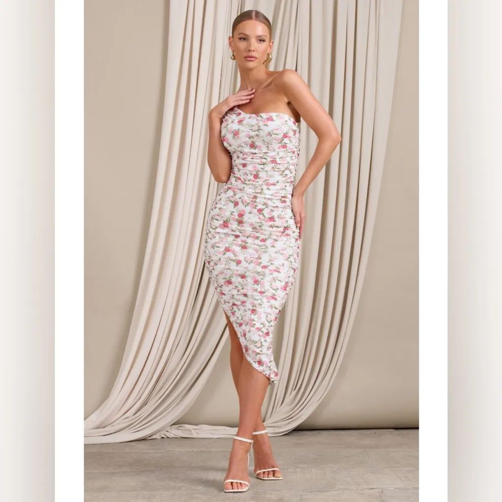 Club L Late Night Pink Floral Print Ruched One Shoulder Midi Dress 6 White - Image 9