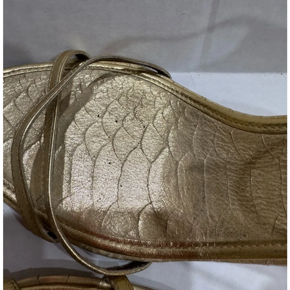 BCBGMaxAzria Gold Snakeskin Leather Heels US 8 38 Strappy Sandals Stilletos - Image 6