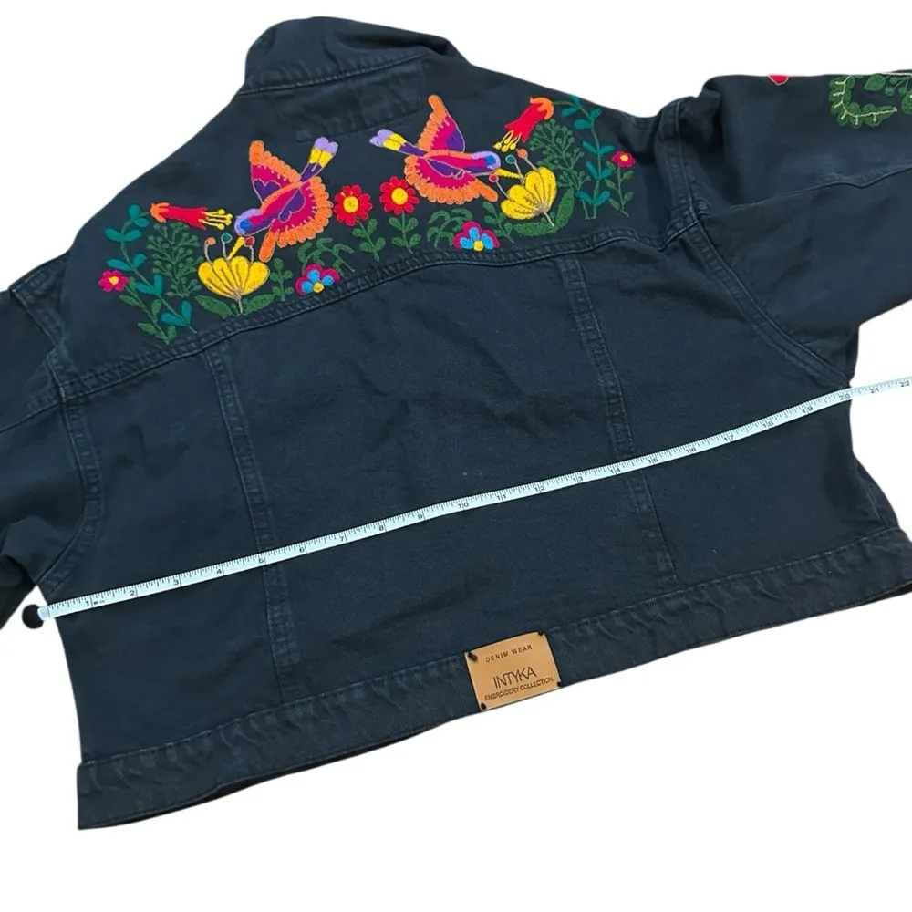 Intyka Bohemian Handmade Embroidered Denim Jacket with Floral Design Blue - Image 4