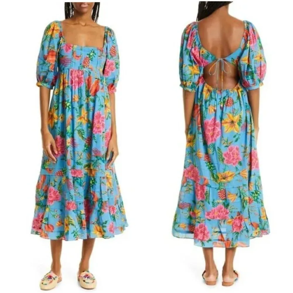 FARM RIO Toucans Garden Midi Dress in Blue Size Small - Image 2