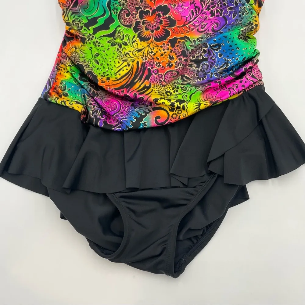 Vintage 80s Swimsuit Strapless Rainbow Lisa Frank Style Floral Black Skirt Women - Image 4