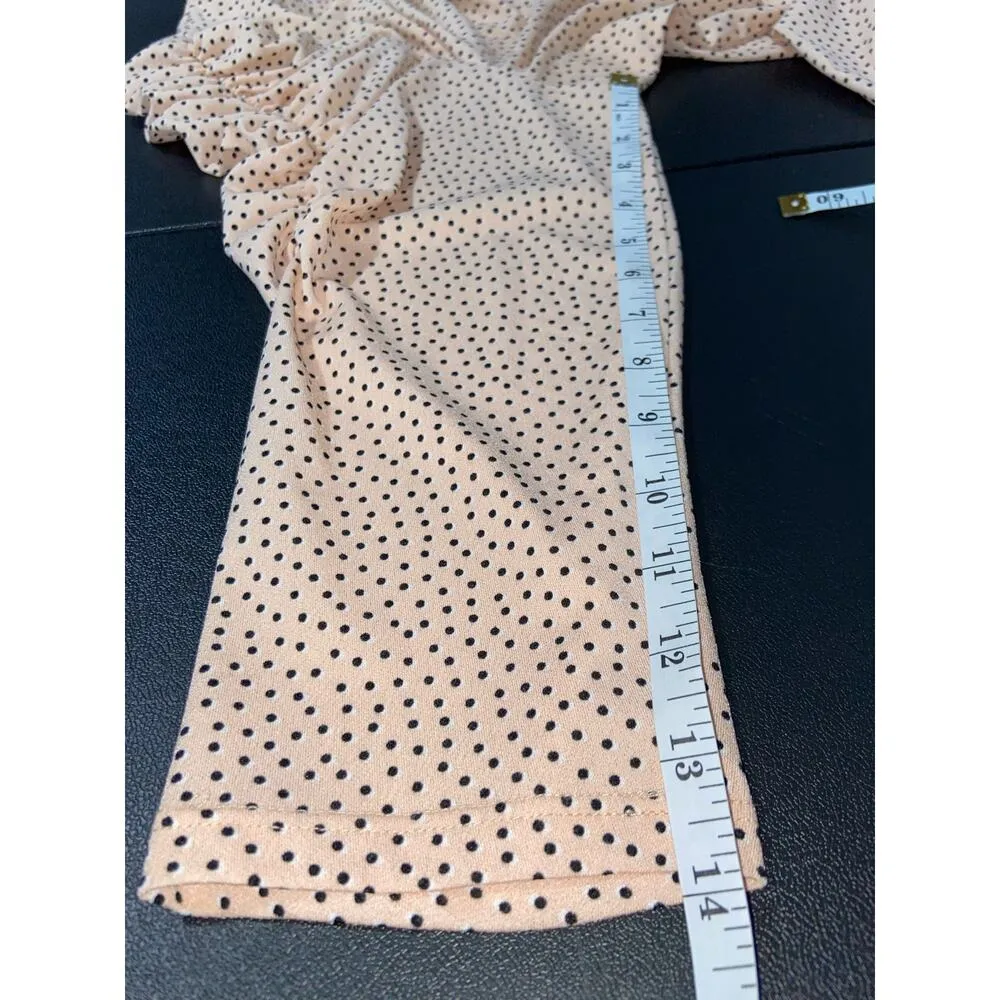 Adrianna Papell Puff Sleeve Top Womens M Black Polka Dot Ruffle Pleat Stretch - Image 6