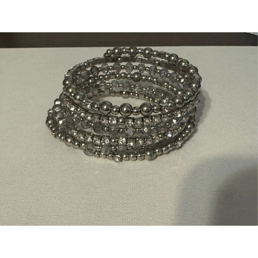 Vintage Y2K Womens Chunky Silver Beaded Rhinestone Slinky Wrap Bracelet Glam 90s - Image 4