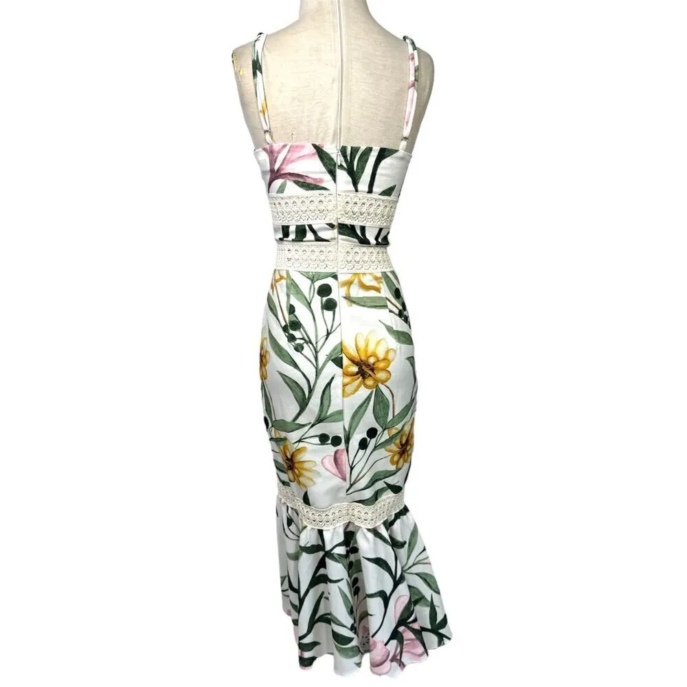 PatBO JAsmin Fitted Midi Dress in White 0 New Womens Floral Resort Green - Image 6
