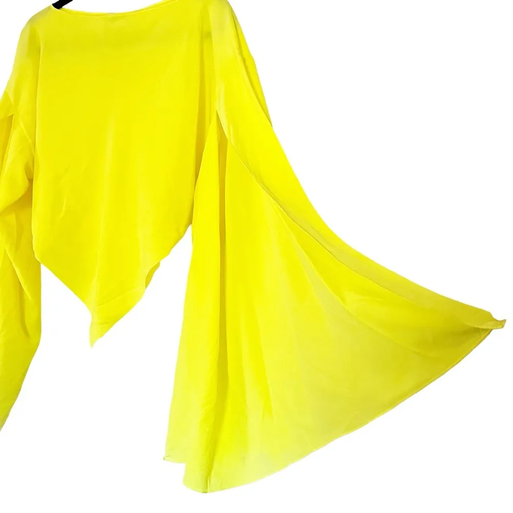 Balenciaga 100% silk asymmetrical triangle-hem split-sleeve chartreuse blouse - Image 7