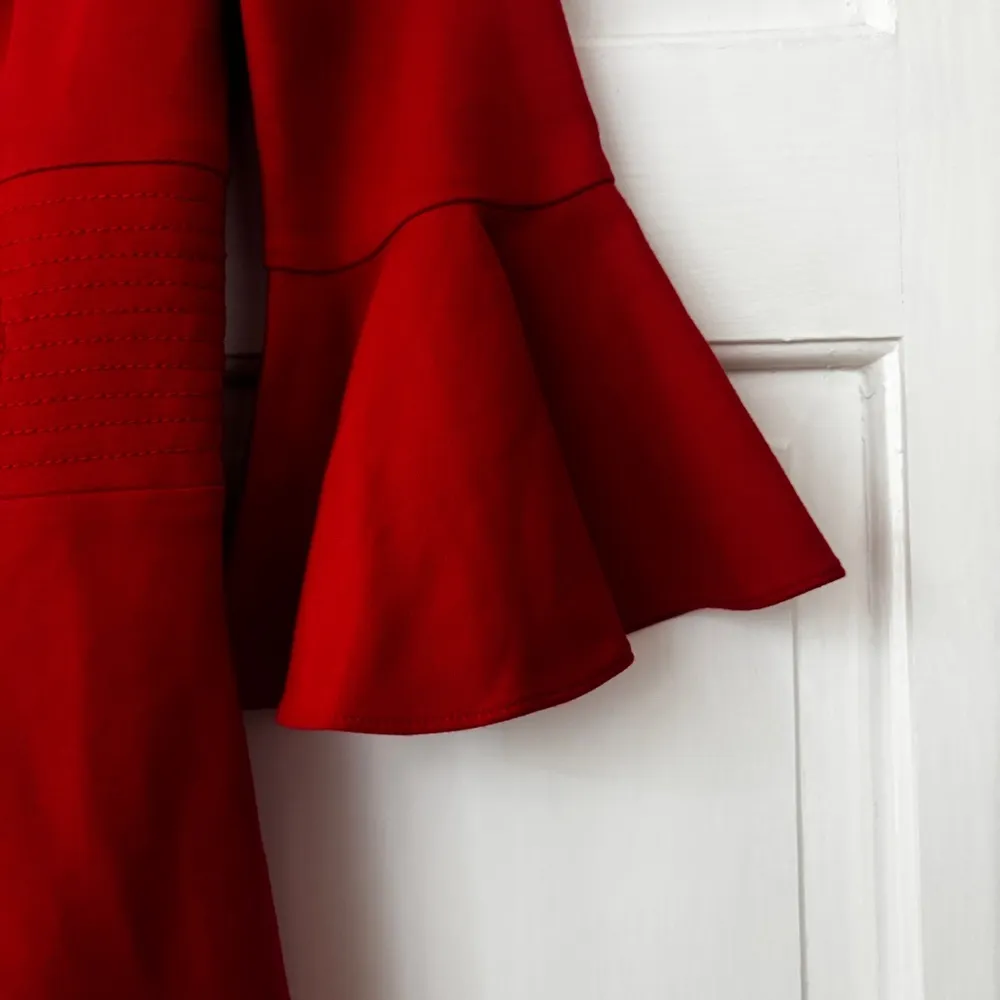 Trina Turk Begonia Bell Sleeve Midi Dress Red Sheath Size 2 Gold Zip Knee Length - Image 6