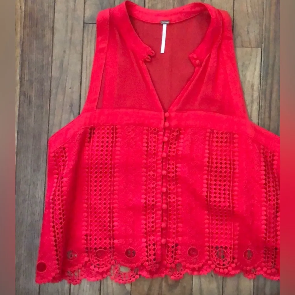 Free People Red Lace Tank Top Size M - Image 2