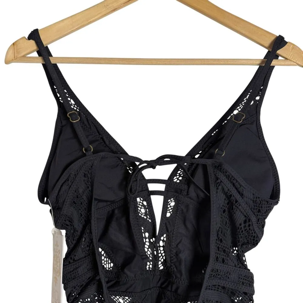 Becca Color Play Plunge Black Lace Open Back One Piece Swimsuit Size Medium - Image 10