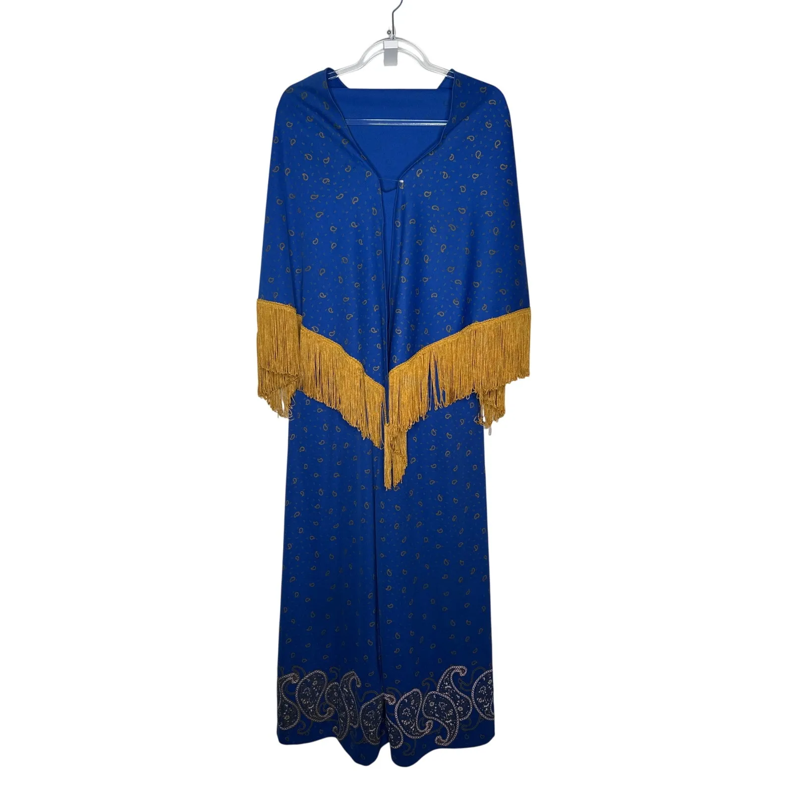 1970s Alfred Shaheen Blue Paisley Jumpsuit Set w Fringe Shawl medium - Image 2
