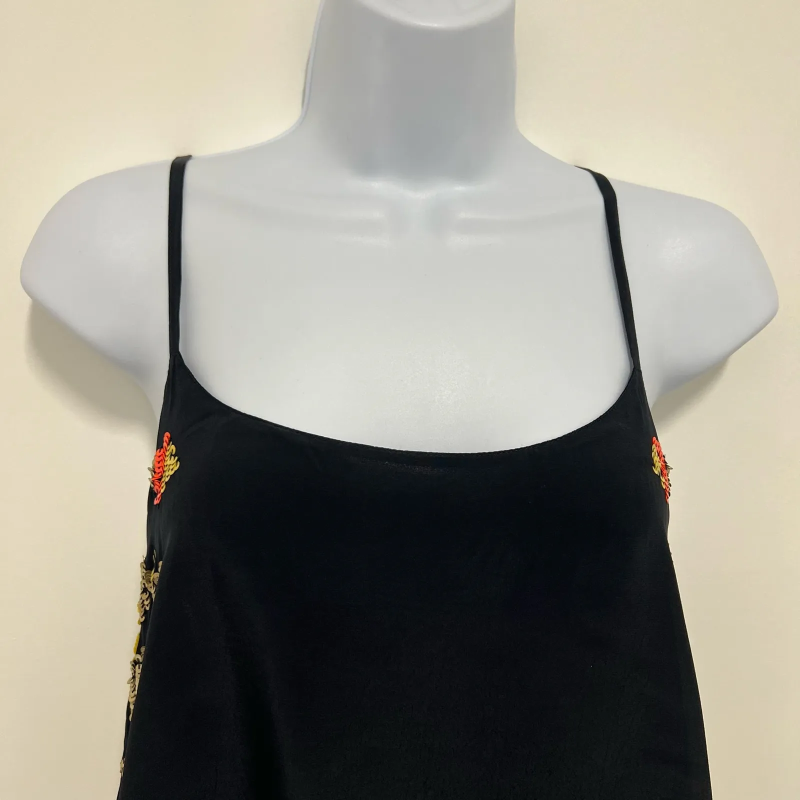 Chelsea Flower Tank Top Black Multicolor Sequins Flowy XS Cruise Wear Boho Y2K - Image 4