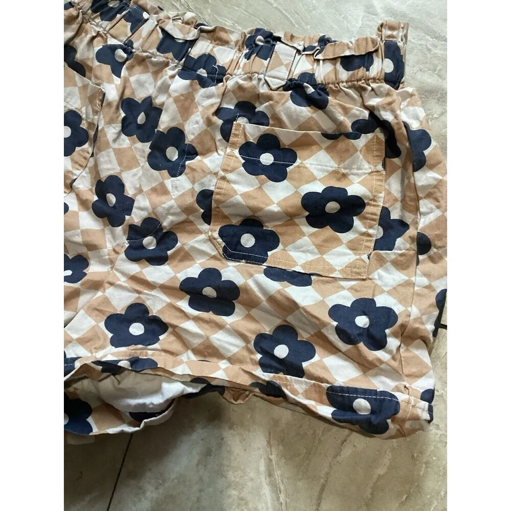 Maeve Beige Blue Floral High Waist Paper Bag Shorts 100% Cotton S - Image 3