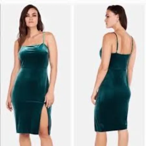 Express Women's Teal Green Velvet Front Slit Spaghetti Strap Sheath Dress Size S - Image 9