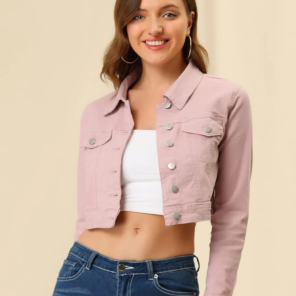 NWT Allegra K Women’s Cropped Denim Jacket Medium Pink Button Down - Image 3