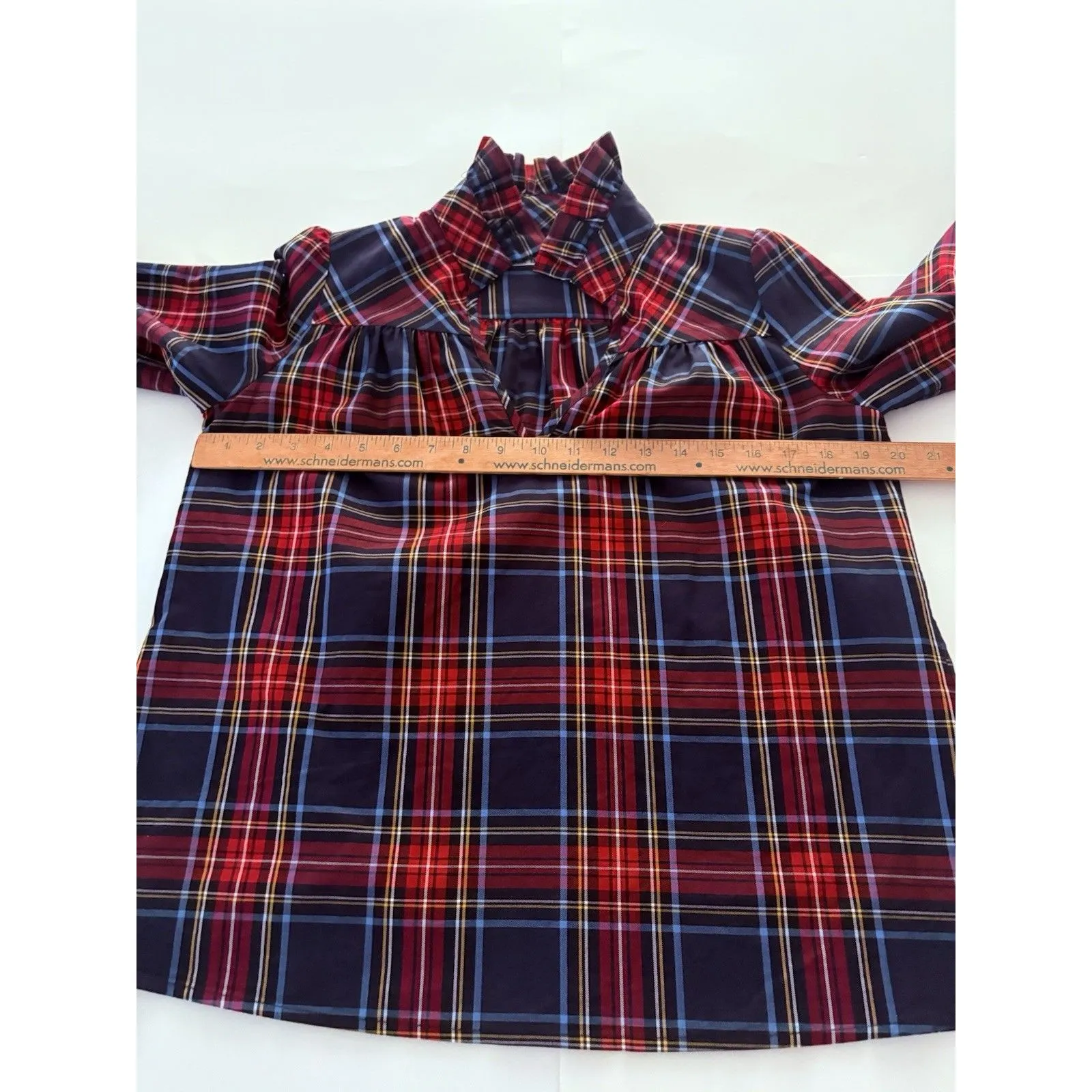 CK Bradley Ruffle Blouse Tartan Plaid Size XS Red Blue Preppy Holiday Oversize - Image 8