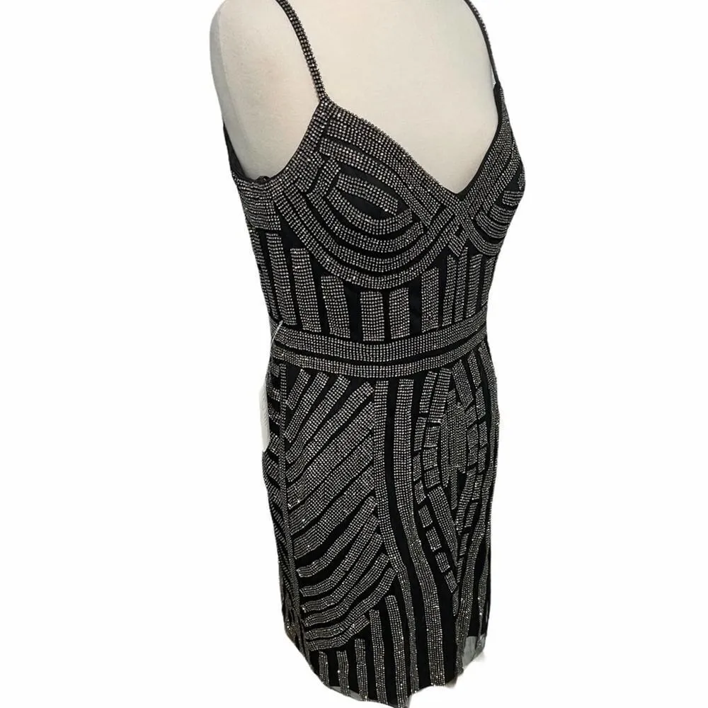 Women's Glow Embellished Rhinestones Sheath Dress Black 14 LBD Sparkle Formal Silver - Image 6